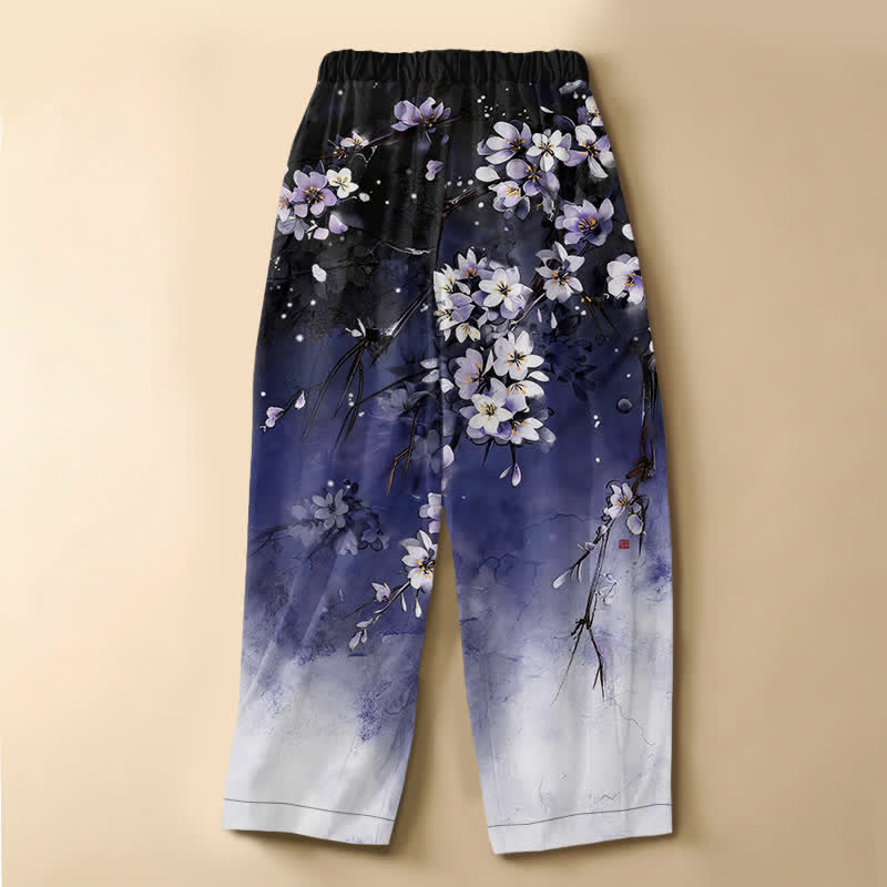 Buddha Stones Pantalon harem pour femme en pur coton à motif floral Sakura ombré, taille élastique et poches, avec boutons grenouille - image 1