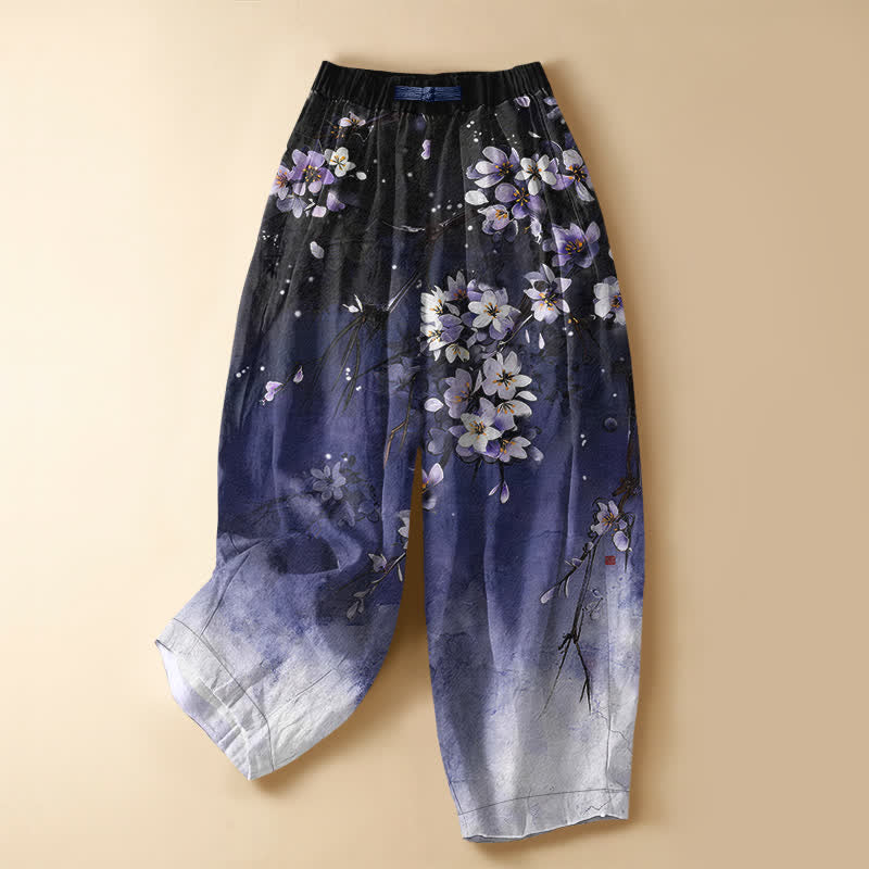 Buddha Stones Pantalon harem pour femme en pur coton à motif floral Sakura ombré, taille élastique et poches, avec boutons grenouille - Indigo - US16，UK/AU20，EU48 (3XL) - image 0