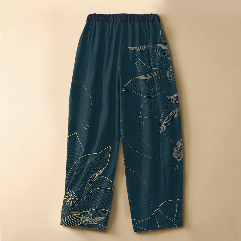 Buddha Stones Pantalon harem pour femme en pur coton, motif lotus vintage, bouton brandebourg, taille élastique et poches - image 1