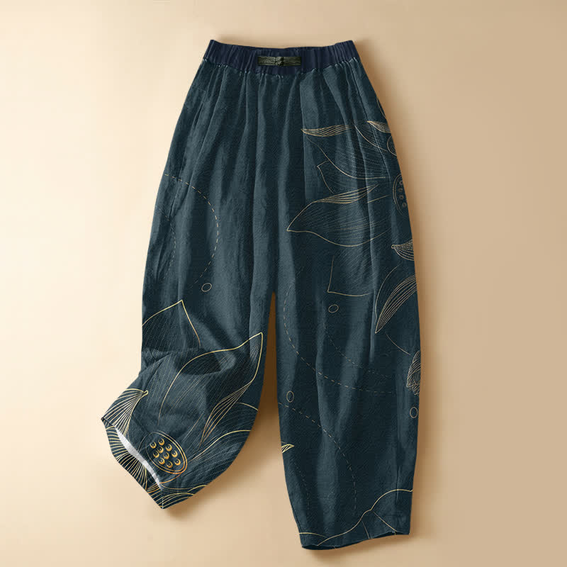 Buddha Stones Pantalon harem pour femme en pur coton, motif lotus vintage, bouton brandebourg, taille élastique et poches - Sarcelle - US16，UK/AU20，EU48 (3XL) - image 0