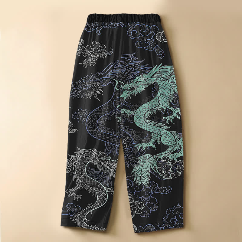 Buddha Stones Pantalon harem pour femme en pur coton avec motif vague de dragon oriental, boutons grenouille, taille élastique et poches - image 1