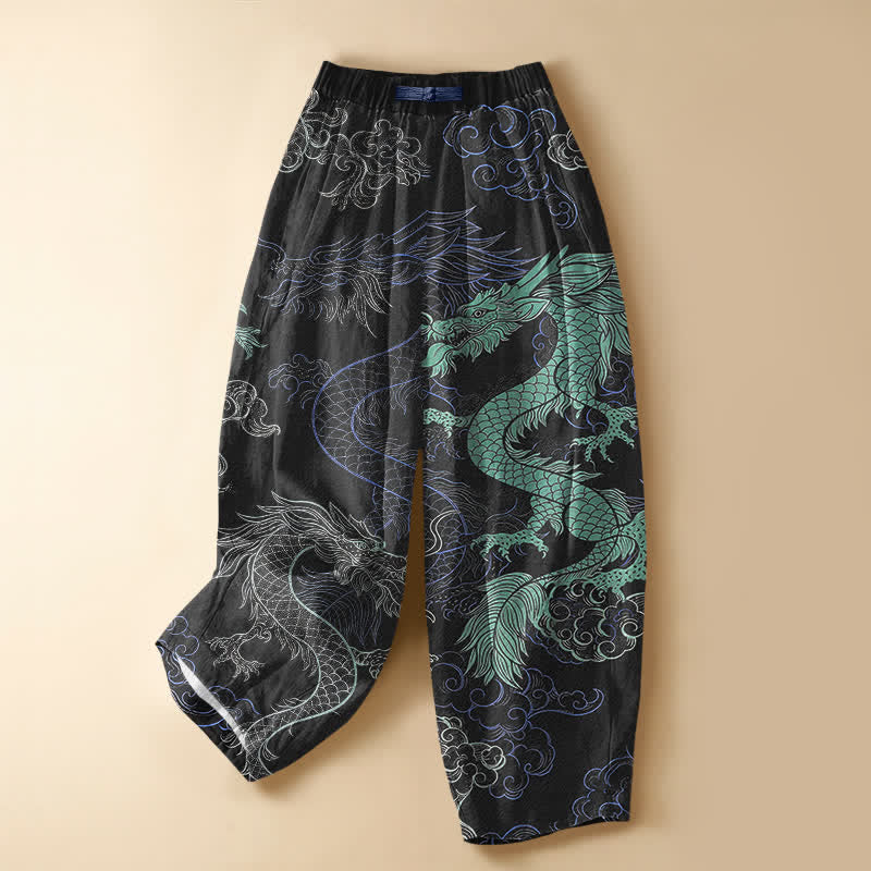 Buddha Stones Pantalon harem pour femme en pur coton avec motif vague de dragon oriental, boutons grenouille, taille élastique et poches - Noir - US16，UK/AU20，EU48 (3XL) - image 0