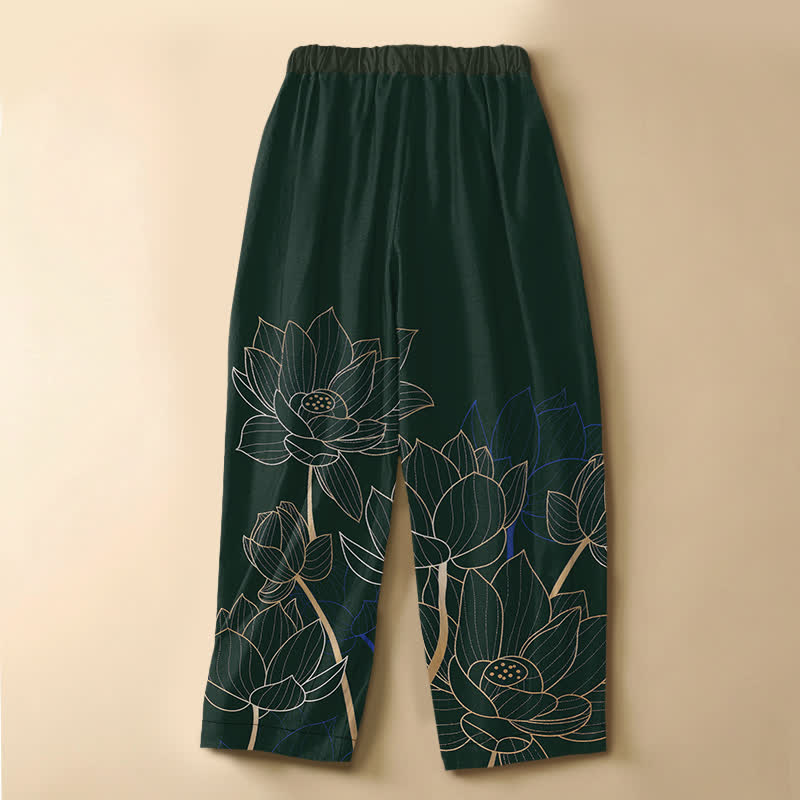 Buddha Stones Pantalon harem pour femme en pur coton avec motif lotus élégant, taille élastique et poches, boutonnage brandebourg. - image 1