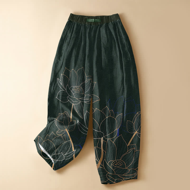 Buddha Stones Pantalon harem pour femme en pur coton avec motif lotus élégant, taille élastique et poches, boutonnage brandebourg. - Vert foncé - US16，UK/AU20，EU48 (3XL) - image 0