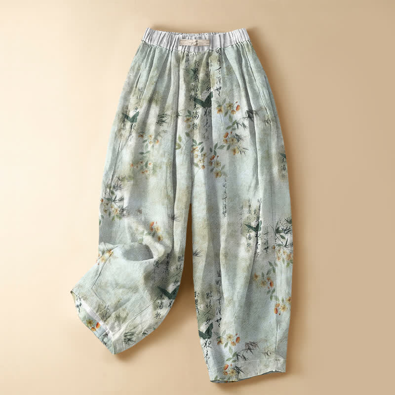 Buddha Stones Pantalon harem pour femme en pur coton avec motif floral calligraphié et oiseaux, bouton grenouille, taille élastique et poches. - Crème à la menthe - US16，UK/AU20，EU48 (3XL) - image 0