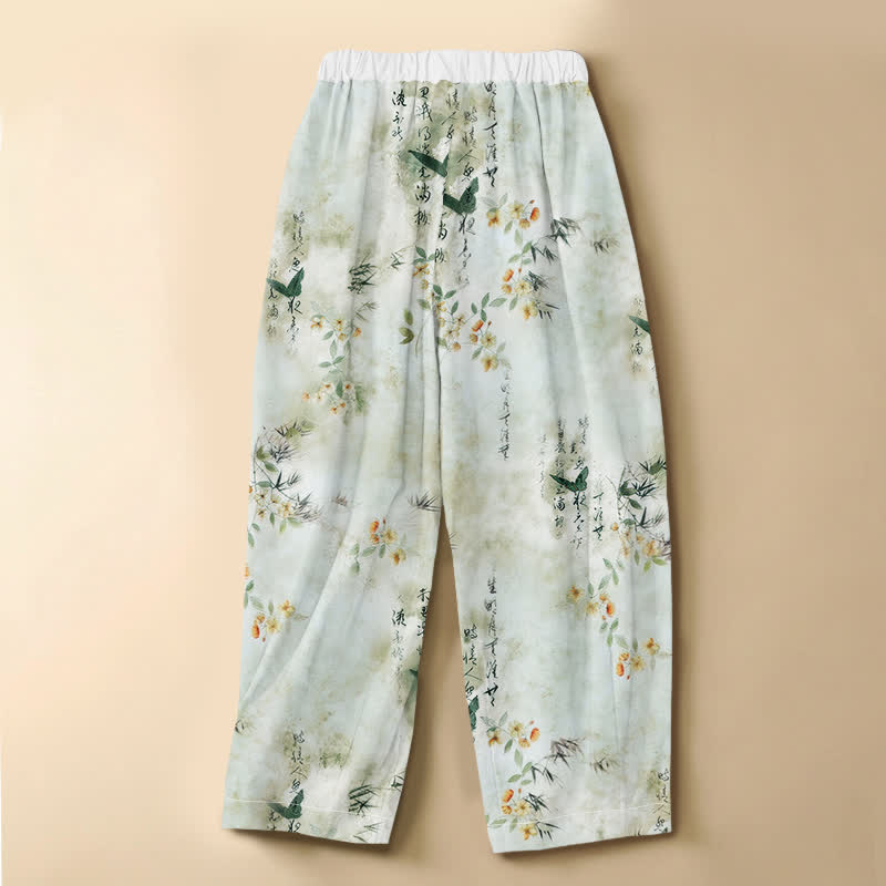 Buddha Stones Pantalon harem pour femme en pur coton avec motif floral calligraphié et oiseaux, bouton grenouille, taille élastique et poches. - image 1