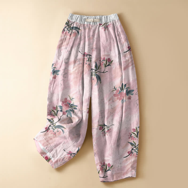 Buddha Stones Pantalon harem pour femme en pur coton, motif romantique de feuilles fleuries, boutons brandebourg, taille élastique et poches - Rose - US16，UK/AU20，EU48 (3XL) - image 0