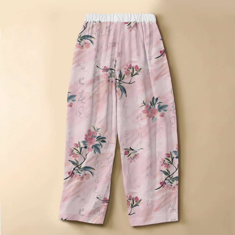Buddha Stones Pantalon harem pour femme en pur coton, motif romantique de feuilles fleuries, boutons brandebourg, taille élastique et poches - image 1