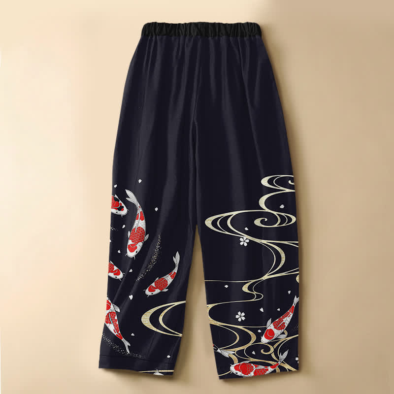 Buddha Stones Pantalon harem pour femme en pur coton, motif carpe koï oriental, boutons grenouille, taille élastique et poches - image 1