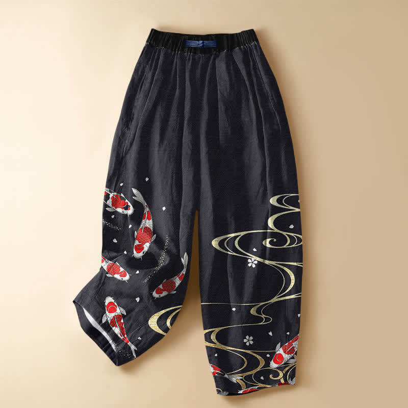 Buddha Stones Pantalon harem pour femme en pur coton, motif carpe koï oriental, boutons grenouille, taille élastique et poches - Noir - US16，UK/AU20，EU48 (3XL) - image 0