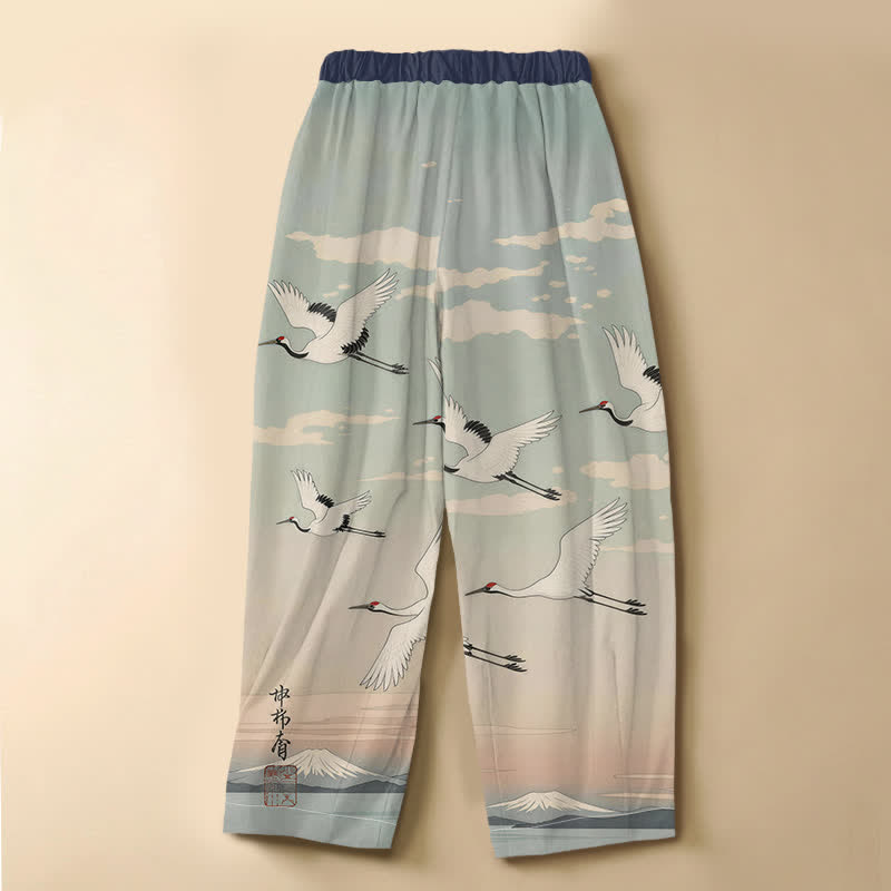 Buddha Stones Pantalon harem pour femme en pur coton avec motif paysage de grues à l'encre et boutons grenouille, taille élastique et poches - image 1