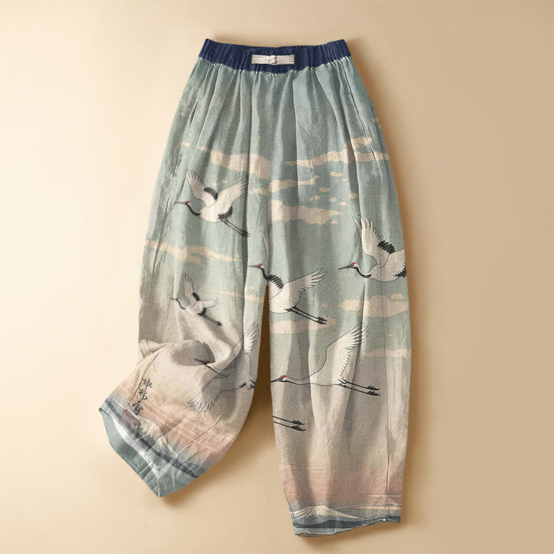 Buddha Stones Pantalon harem pour femme en pur coton avec motif paysage de grues à l'encre et boutons grenouille, taille élastique et poches - Bleu poudré - US16，UK/AU20，EU48 (3XL) - image 0