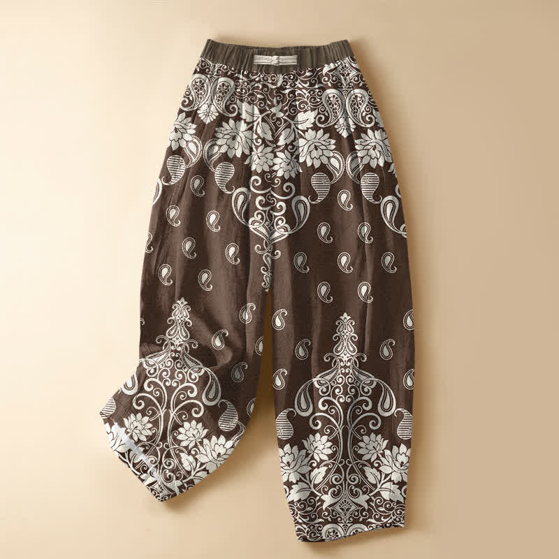 Buddha Stones Pantalon harem pour femme en pur coton, motif cachemire vintage à bordure, boutons brandebourg, taille élastique et poches - SaddleBrown - US16，UK/AU20，EU48 (3XL) - image 0