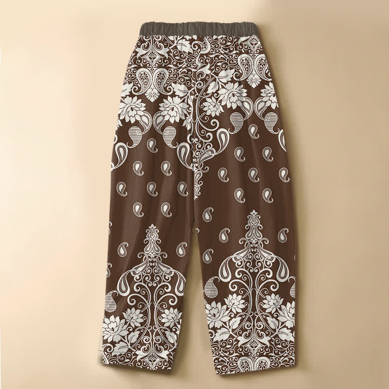 Buddha Stones Pantalon harem pour femme en pur coton, motif cachemire vintage à bordure, boutons brandebourg, taille élastique et poches - image 1