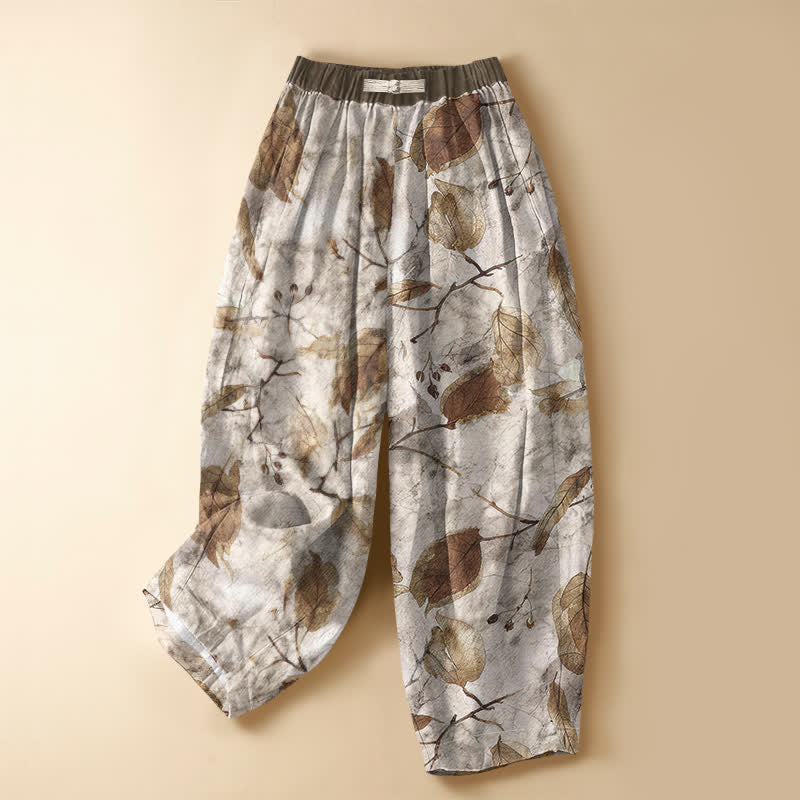 Buddha Stones Pantalon harem pour femme en pur coton, motif botanique de feuilles d'automne, boutons grenouille, taille élastique et poches - Lin - US16，UK/AU20，EU48 (3XL) - image 0