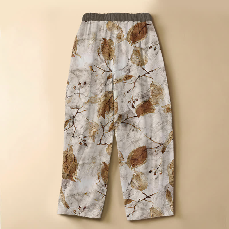Buddha Stones Pantalon harem pour femme en pur coton, motif botanique de feuilles d'automne, boutons grenouille, taille élastique et poches - image 1