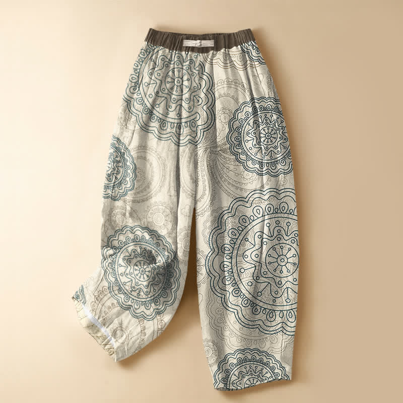 Buddha Stones Pantalon harem pour femme en pur coton, motif mandala bohème, boutons grenouille, taille élastique et poches - Beige - US16，UK/AU20，EU48 (3XL) - image 0