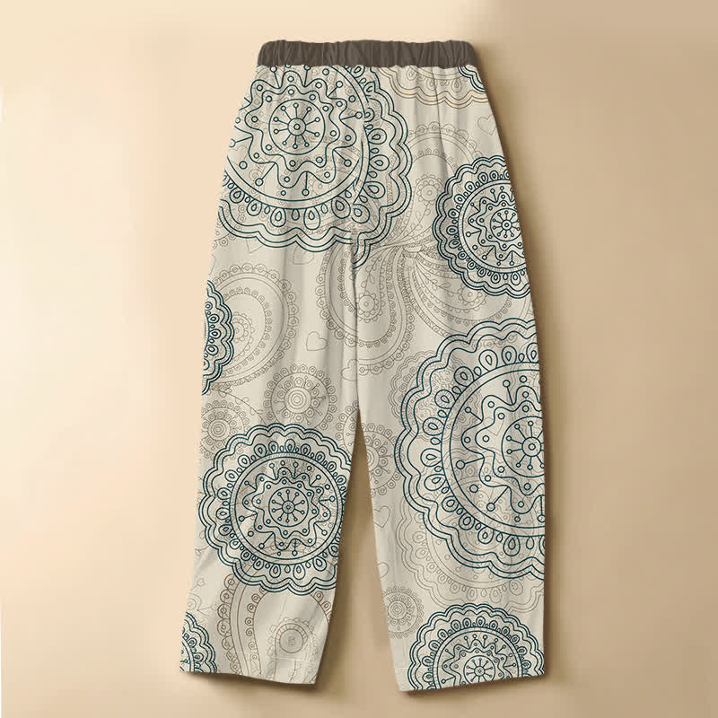 Buddha Stones Pantalon harem pour femme en pur coton, motif mandala bohème, boutons grenouille, taille élastique et poches - image 1