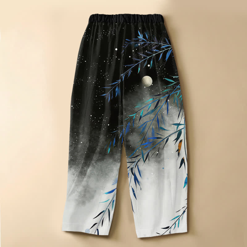 Buddha Stones Pantalon harem pour femme en pur coton, motif lune étoilée et bambou, bouton brandebourg, taille élastique et poches - image 1