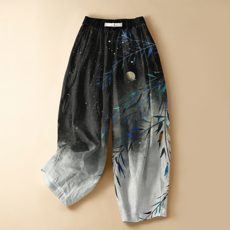 Buddha Stones Pantalon harem pour femme en pur coton, motif lune étoilée et bambou, bouton brandebourg, taille élastique et poches - Noir - US16，UK/AU20，EU48 (3XL) - image 0