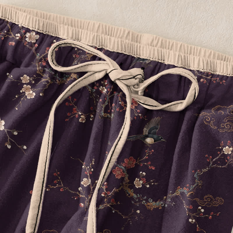 Buddha Stones Pantalon pour femme en pur coton, élégant, à motif floral et oiseaux, taille élastique et poches. - image 1