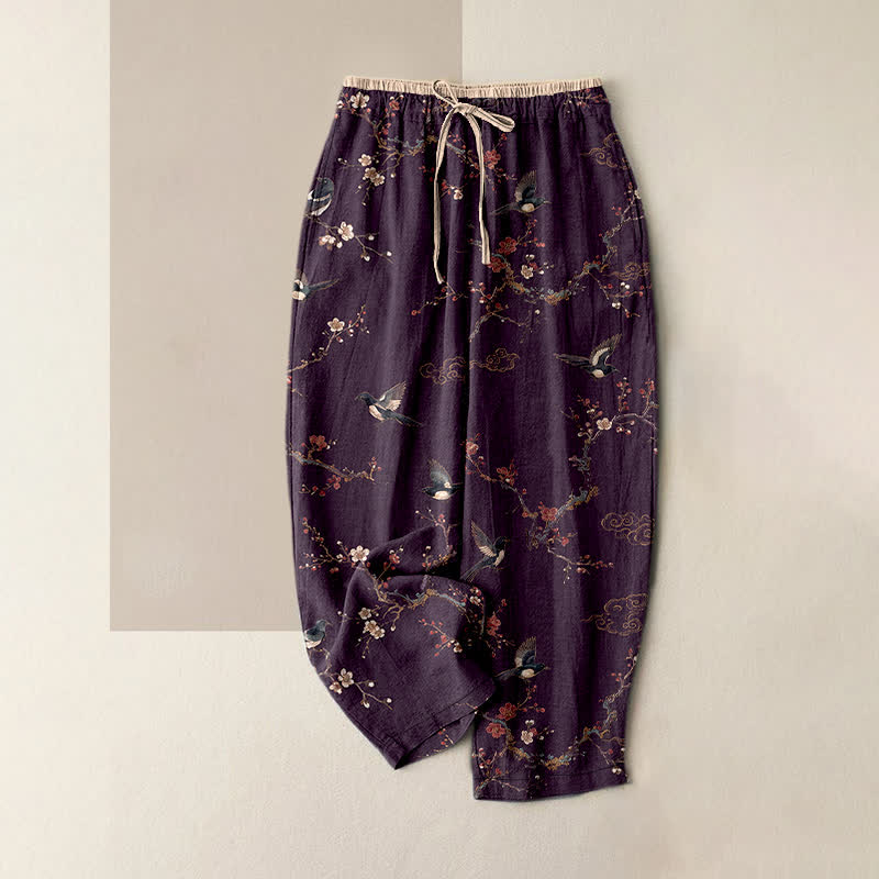 Buddha Stones Pantalon pour femme en pur coton, élégant, à motif floral et oiseaux, taille élastique et poches. - Violet - US16，UK/AU20，EU48 (3XL) - image 0