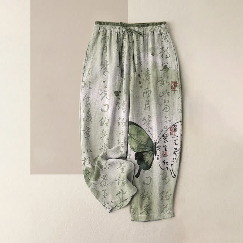 Buddha Stones Pantalon pour femme en pur coton avec motif papillon calligraphié artistique et taille élastique, doté de poches - Crème à la menthe - US16，UK/AU20，EU48 (3XL) - image 0