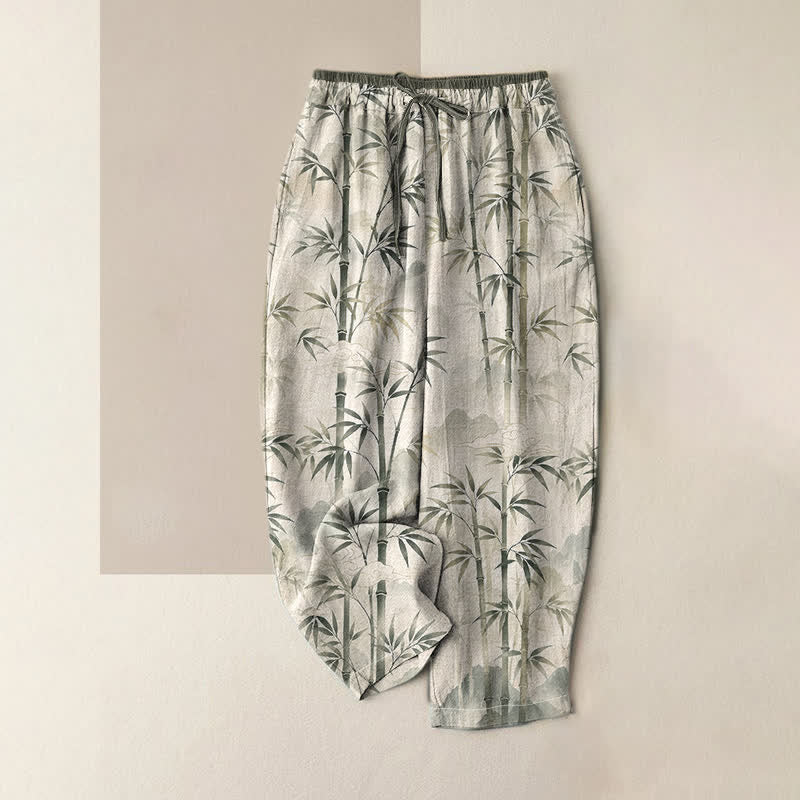 Buddha Stones Pantalon pour femme en pur coton, motif feuille de bambou zen, taille élastique et poches - Lin - US16，UK/AU20，EU48 (3XL) - image 0
