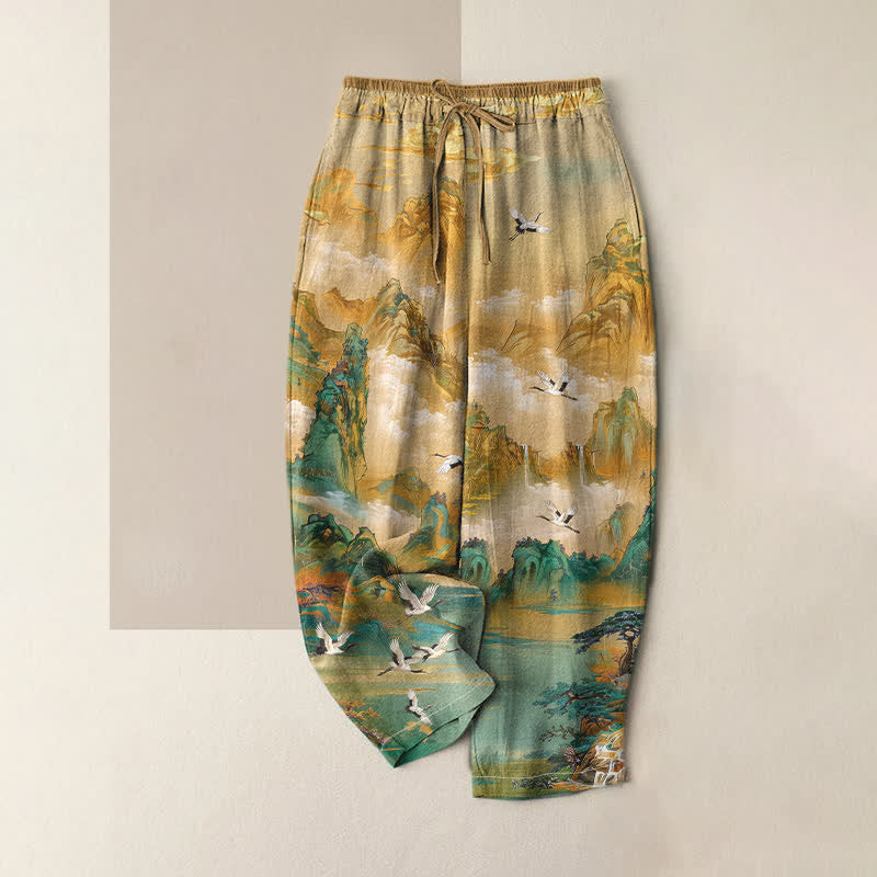 Buddha Stones Pantalon pour femme en pur coton, motif grue des montagnes brumeuses, taille élastique et poches - Blé - US16，UK/AU20，EU48 (3XL) - image 0