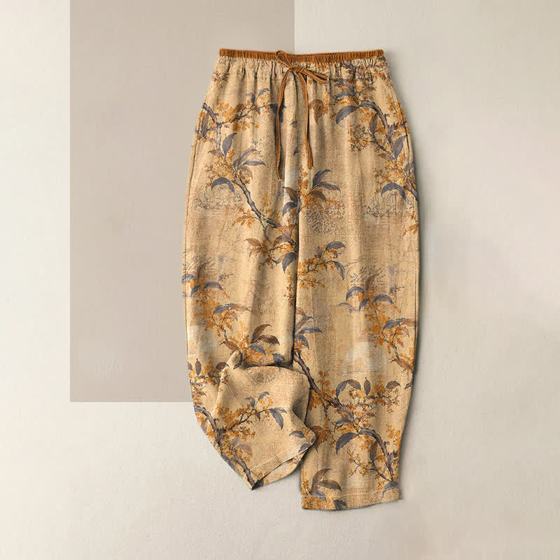 Buddha Stones Pantalon pour femme en pur coton, motif floral botanique vintage, taille élastique et poches - verge d'or - US16，UK/AU20，EU48 (3XL) - image 0