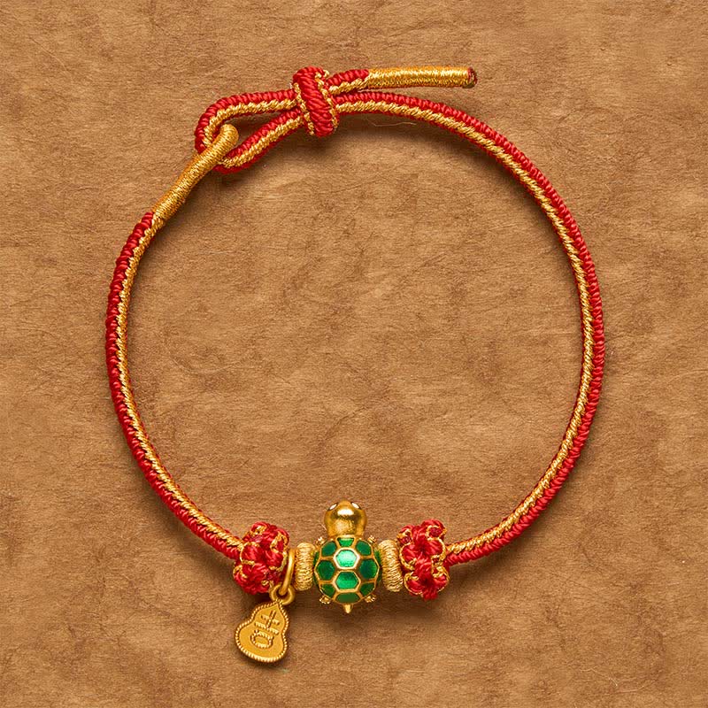 Buddha Stones Bracelet porte-bonheur en cuivre avec tortue verte et cordon rouge - Cordon rouge (Tour de poignet : 16–18 cm) - image 0