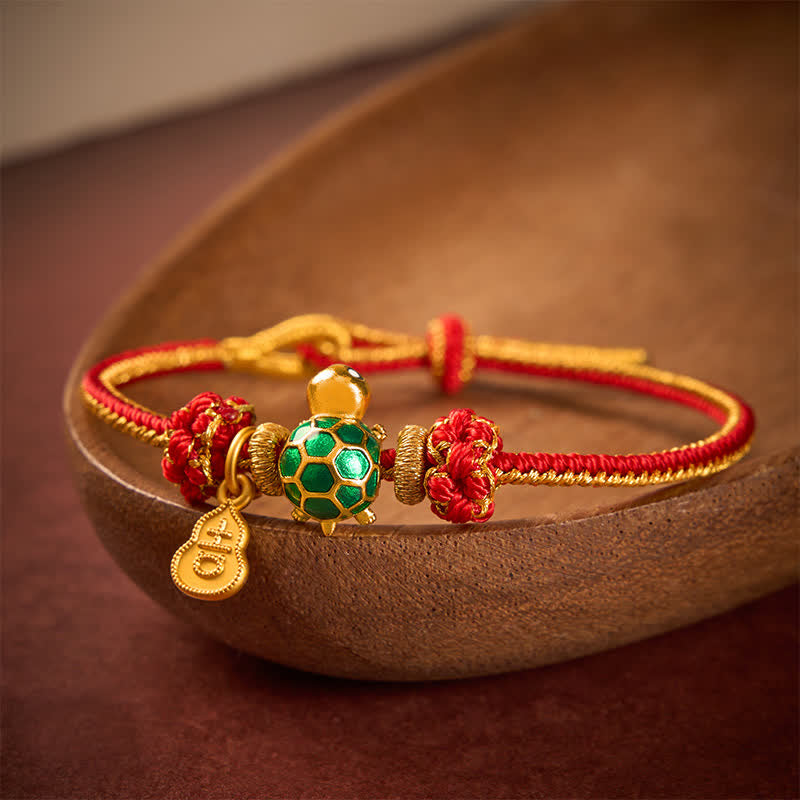 Buddha Stones Bracelet porte-bonheur en cuivre avec tortue verte et cordon rouge - image 1