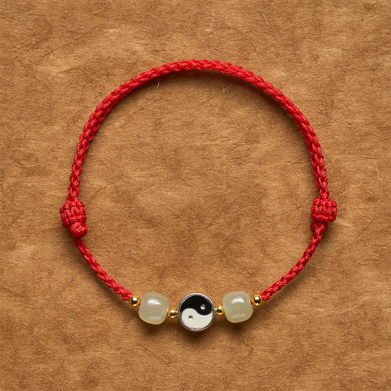 Buddha Stones Bracelet d'équilibre en alliage Yin Yang, perles de jade Hetian et cordon rouge - Corde rouge foncé - 6,3-7,1 pouces (16-18 cm) - image 0