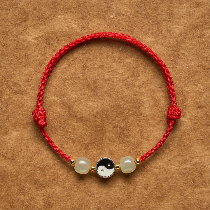 Buddha Stones Bracelet d'équilibre en alliage Yin Yang, perles de jade Hetian et cordon rouge - Corde rouge foncé - 6,3-7,1 pouces (16-18 cm) - image 0