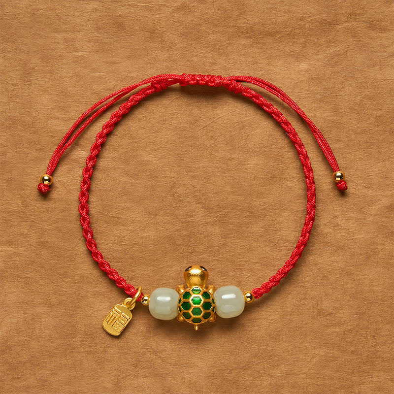Buddha Stones Bracelet de prospérité en jade rouge Hetian, orné du personnage Fu et de la tortue en cuivre - Bracelet tortue en ficelle rouge - 5,5–7,1 po/14–18 cm - image 0