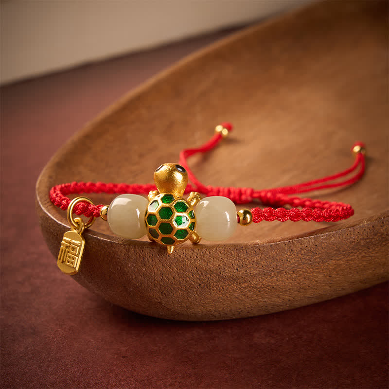 Buddha Stones Bracelet de prospérité en jade rouge Hetian, orné du personnage Fu et de la tortue en cuivre - image 1