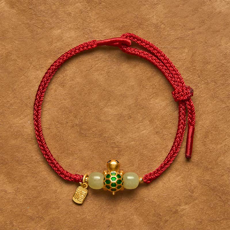 Buddha Stones Bracelet porte-bonheur en jade rouge Hetian, motif tortue Fu et cuivre - Bracelet tortue en ficelle rouge - 5,5–7,1 pouces (14–18 cm) - image 0