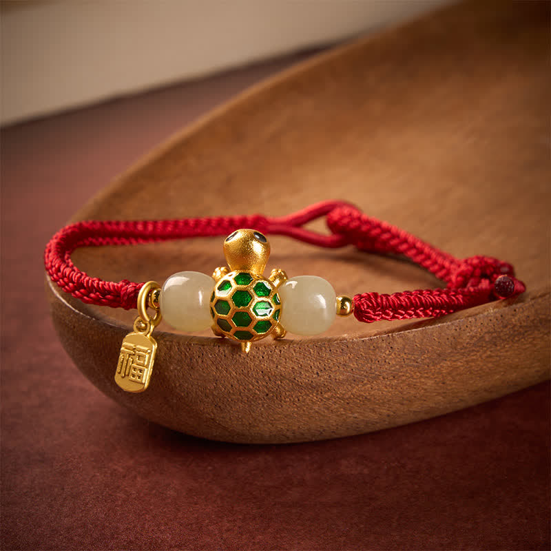 Buddha Stones Bracelet porte-bonheur en jade rouge Hetian, motif tortue Fu et cuivre - image 1