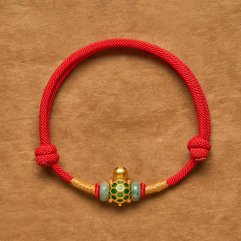 Buddha Stones Bracelet porte-bonheur en fil rouge représentant une tortue en cuivre et jade Fu - Bracelet tortue - 6,3–7,1 pouces (16-18 cm) - image 0