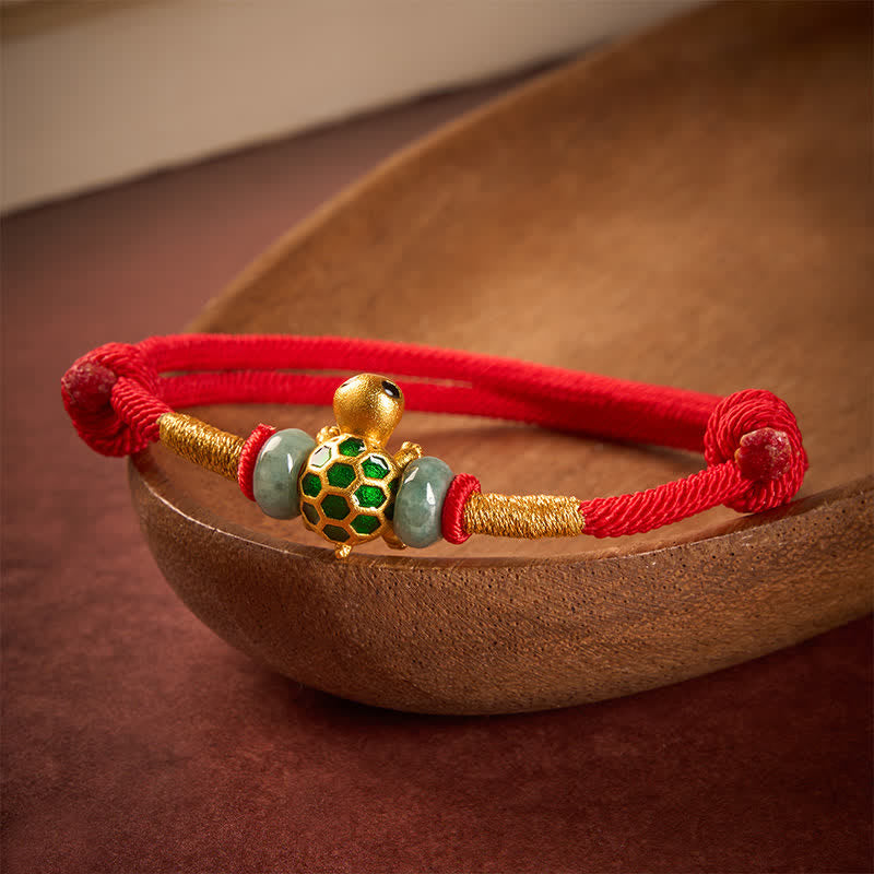 Buddha Stones Bracelet porte-bonheur en fil rouge représentant une tortue en cuivre et jade Fu - image 1