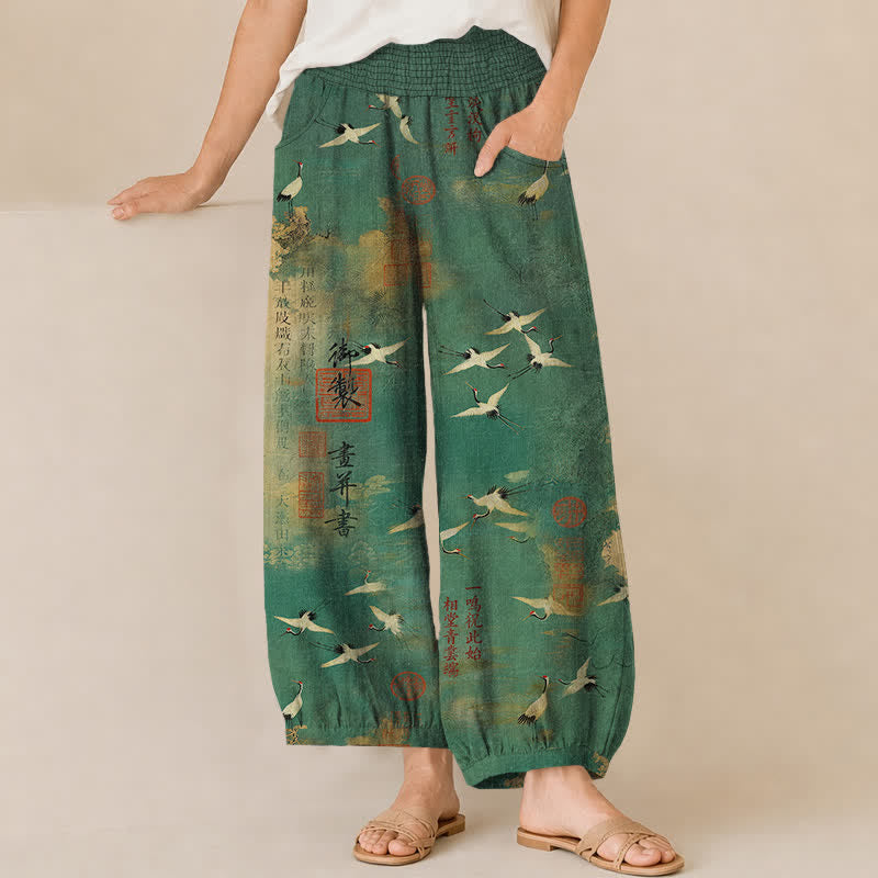 Buddha Stones Pantalon harem pour femme en coton, à taille élastique plissée et motif de calligraphie orientale de grues, avec poches - Vert d'eau - US16，UK/AU20，EU48 (3XL) - image 0