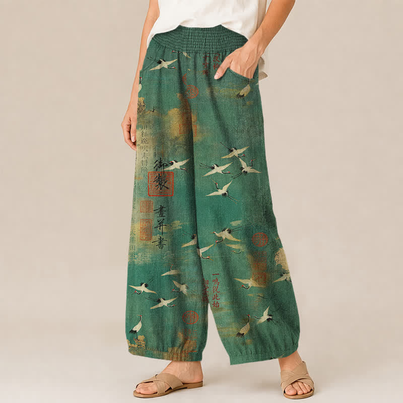 Buddha Stones Pantalon harem pour femme en coton, à taille élastique plissée et motif de calligraphie orientale de grues, avec poches - image 1