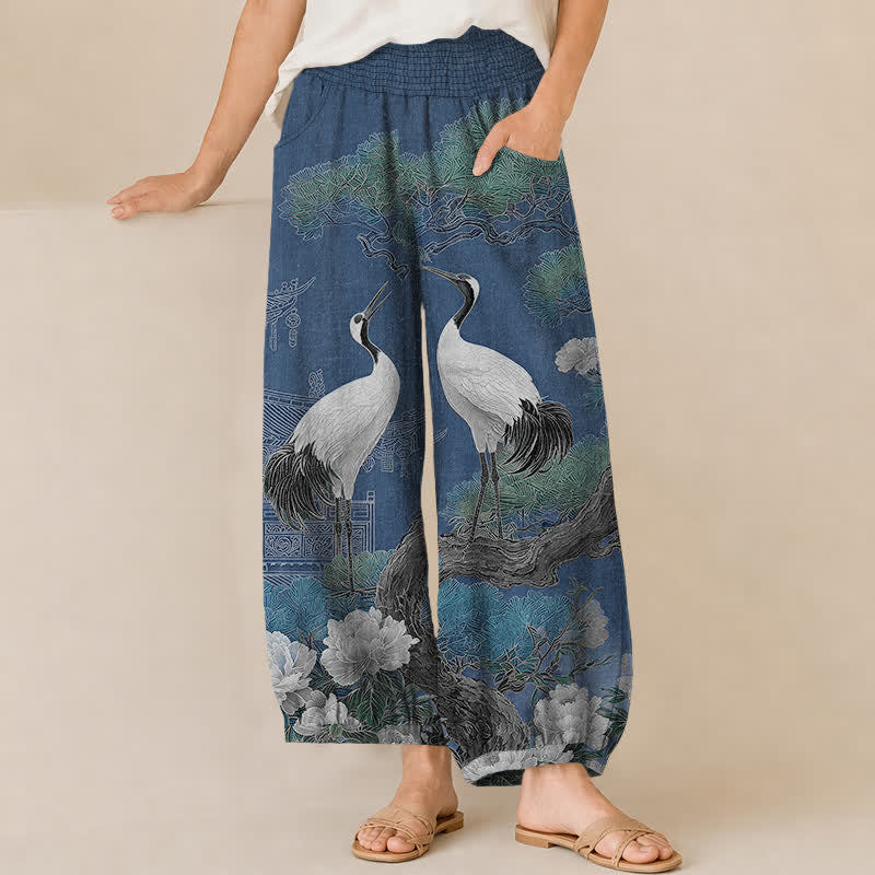 Buddha Stones Pantalon harem pour femme en coton à motif de grues orientales et de fleurs blanches, plissé, taille élastique et poches - SteelBlue - US16，UK/AU20，EU48 (3XL) - image 0