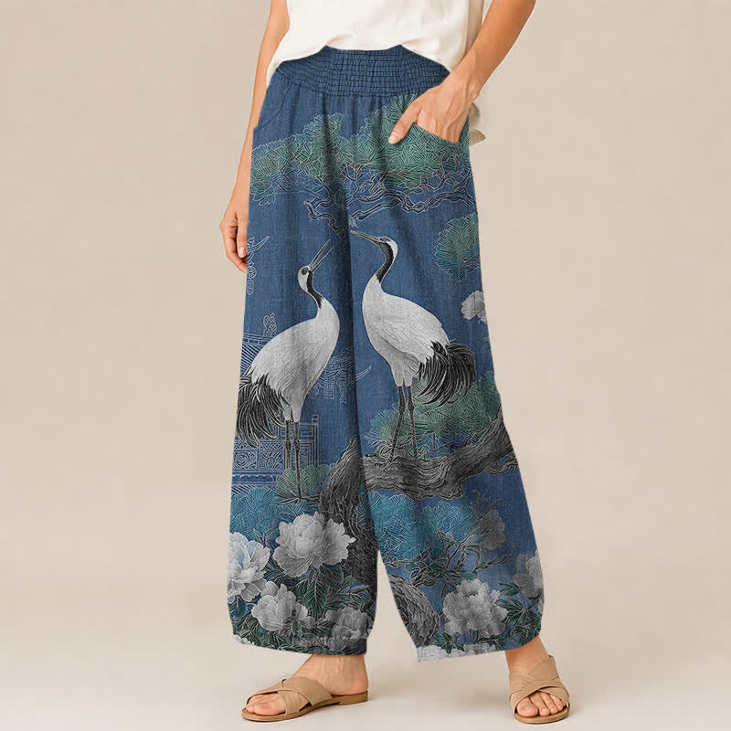 Buddha Stones Pantalon harem pour femme en coton à motif de grues orientales et de fleurs blanches, plissé, taille élastique et poches - image 1