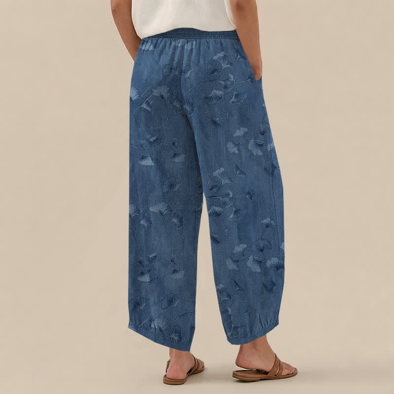 Buddha Stones Pantalon harem pour femme en coton à motif de feuilles de ginkgo, plissé, taille élastique et poches - image 2