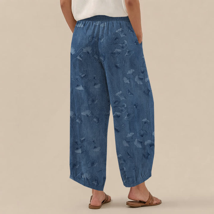 Buddha Stones Pantalon harem pour femme en coton à motif de feuilles de ginkgo, plissé, taille élastique et poches - image 2