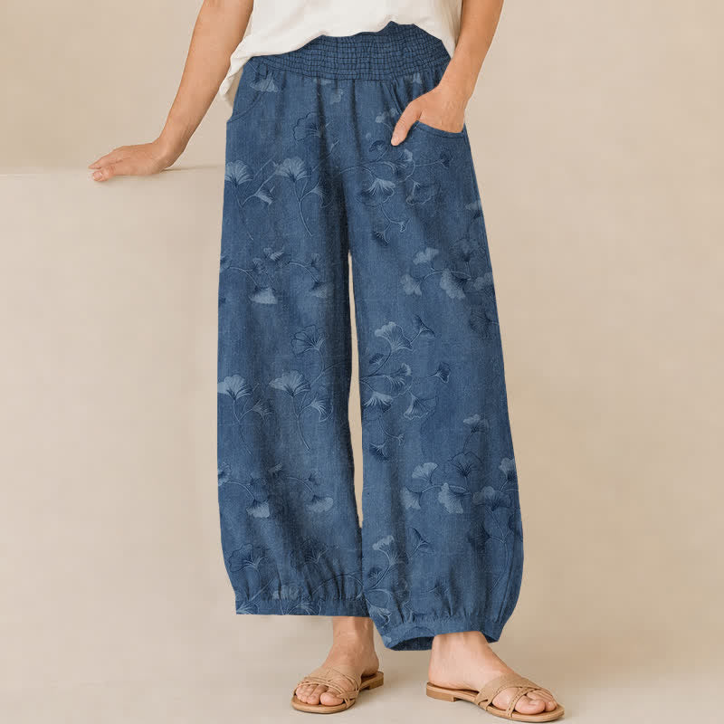 Buddha Stones Pantalon harem pour femme en coton à motif de feuilles de ginkgo, plissé, taille élastique et poches - SteelBlue - US16，UK/AU20，EU48 (3XL) - image 0