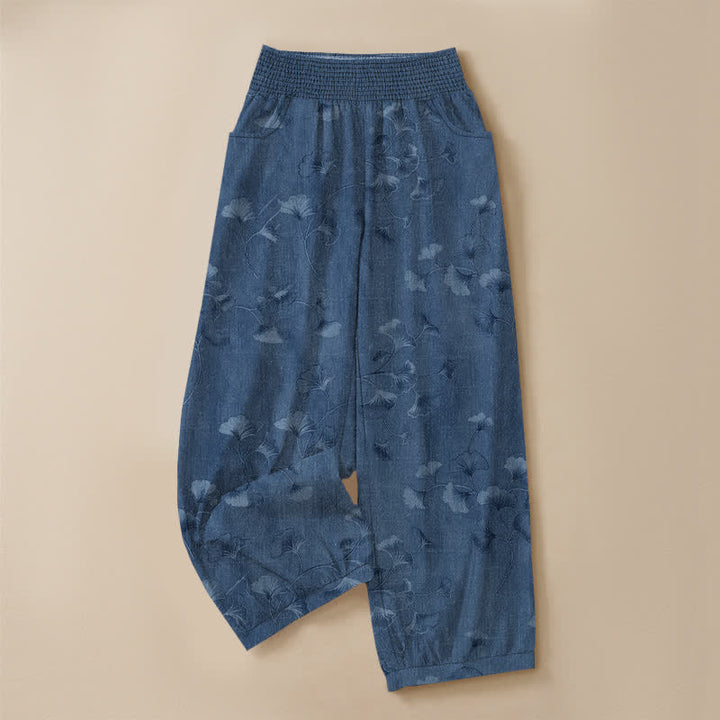 Buddha Stones Pantalon harem pour femme en coton à motif de feuilles de ginkgo, plissé, taille élastique et poches - image 3