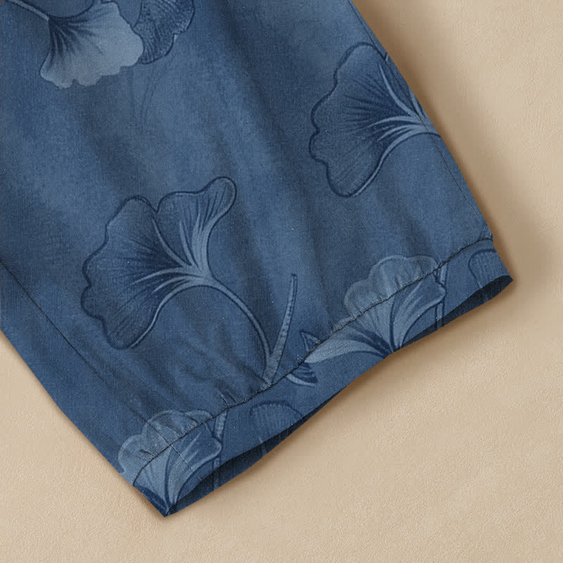 Buddha Stones Pantalon harem pour femme en coton à motif de feuilles de ginkgo, plissé, taille élastique et poches - image 5
