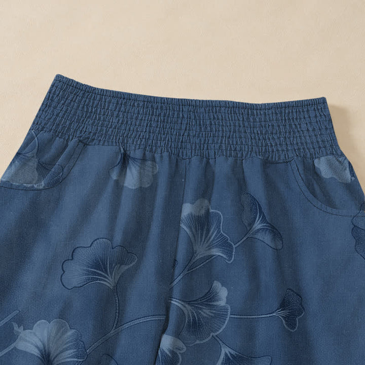 Buddha Stones Pantalon harem pour femme en coton à motif de feuilles de ginkgo, plissé, taille élastique et poches - image 4